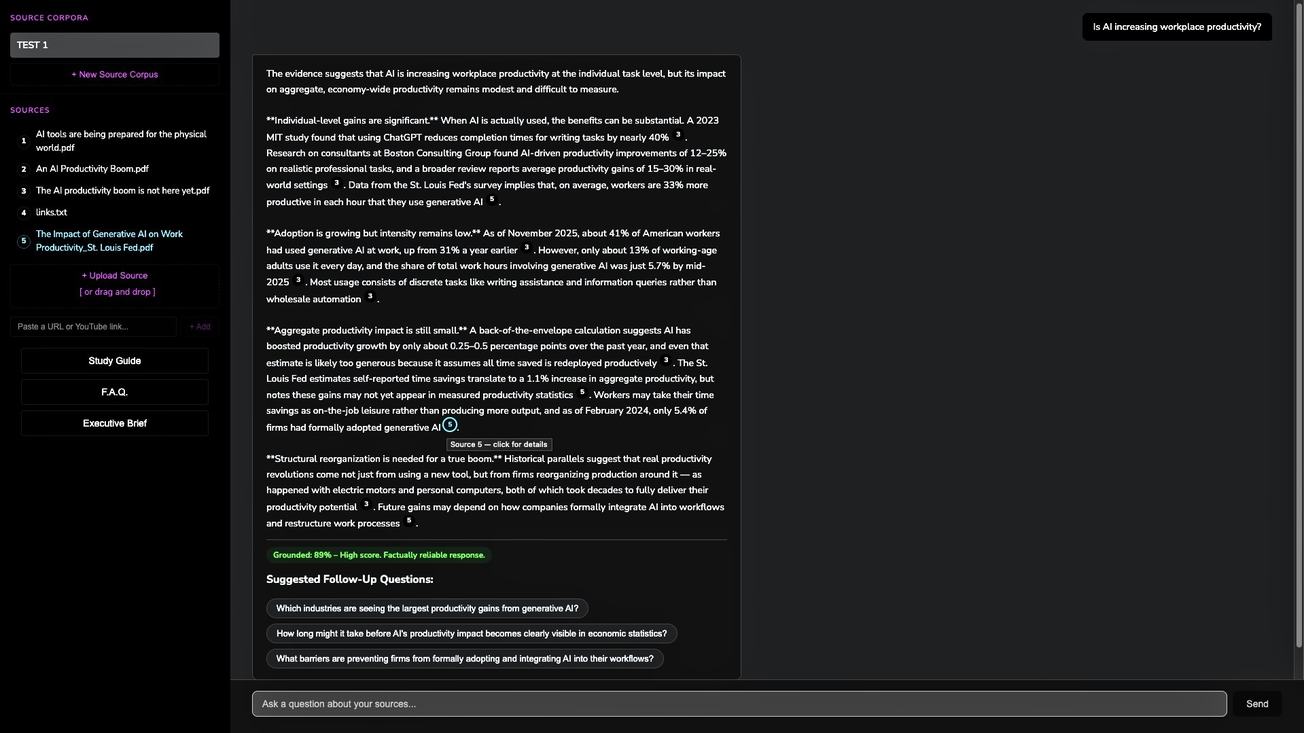 Citation Sentinel UI showing the source sidebar, natural language answer with citations to the source, and groundedness badge